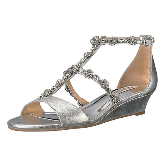 BADGLEY MISCHKA Terry II Wedge Sandals Rhinestone Embellished Silver Womens US 7 - Picture 2 of 15